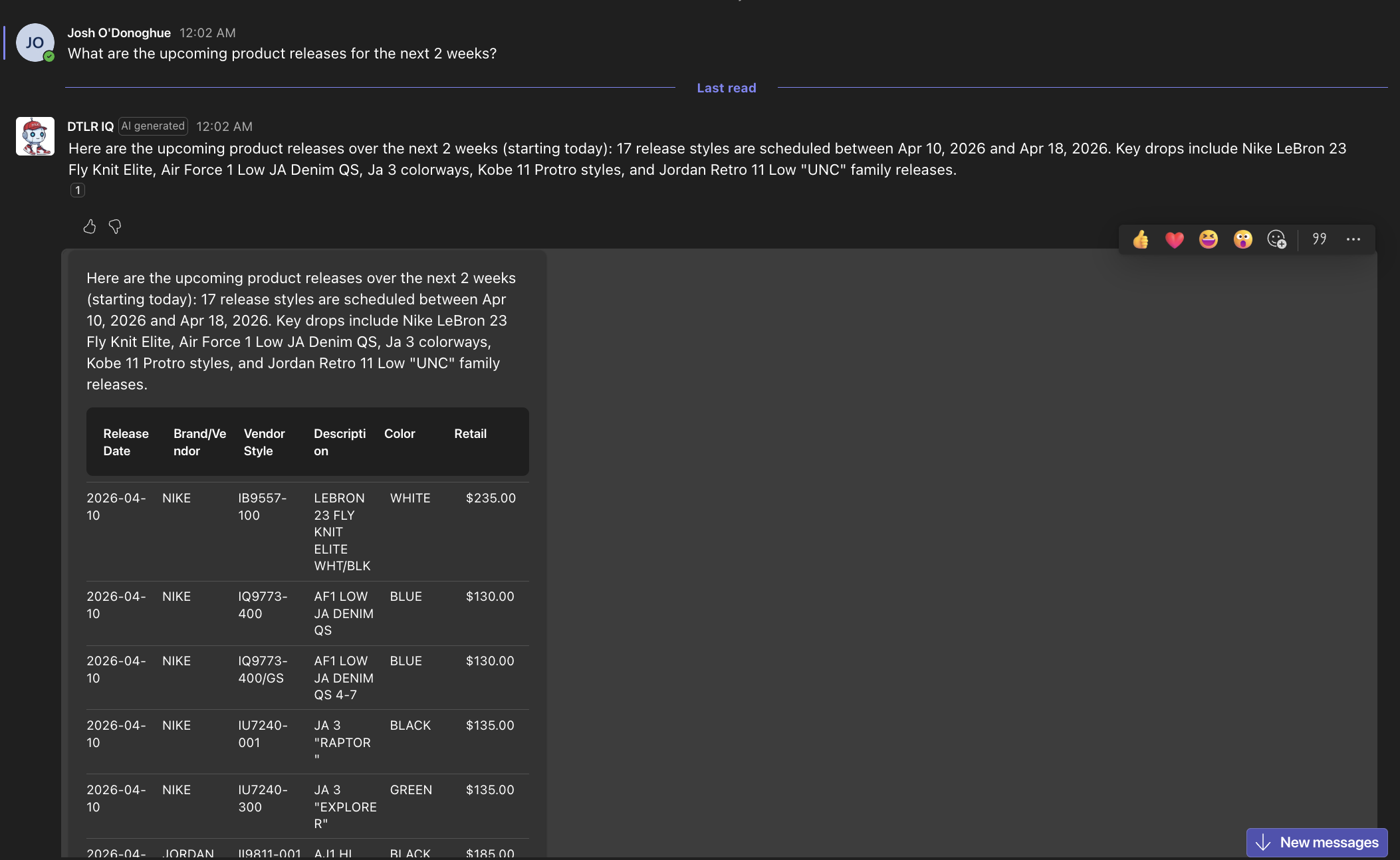 <strong>DTLR IQ in Teams &mdash; Product Release Query:</strong> Returns a structured table with 17 styles, release dates, vendor details, and retail pricing &mdash; pulled live from the database via MCP tools.